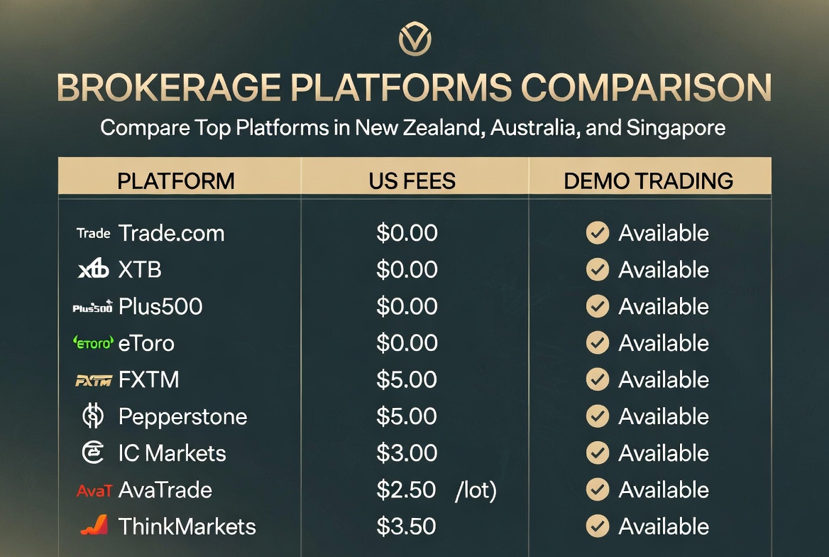 Illustrative comparison of international brokerage platforms for USA share access in New Zealand, Australia, and Singapore