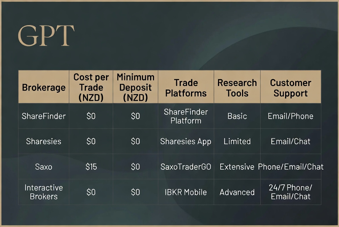 Illustrative comparison of New Zealand brokerage platforms including Interactive Brokers, Sharesies, and Saxo